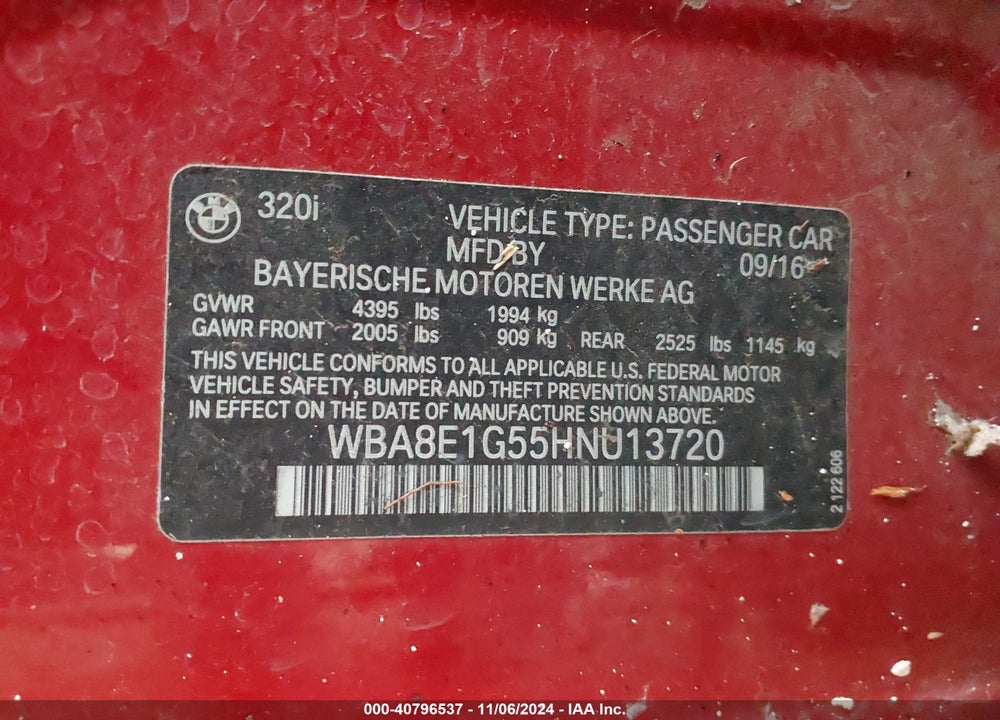 2017 BMW 320I VIN: WBA8E1G55HNU13720