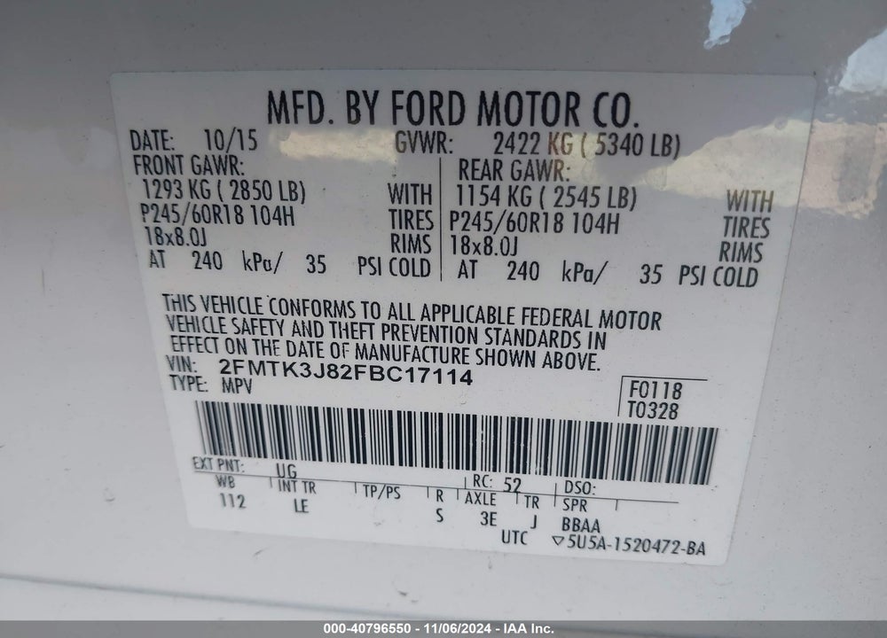 2015 FORD EDGE SEL VIN: 2FMTK3J82FBC17114