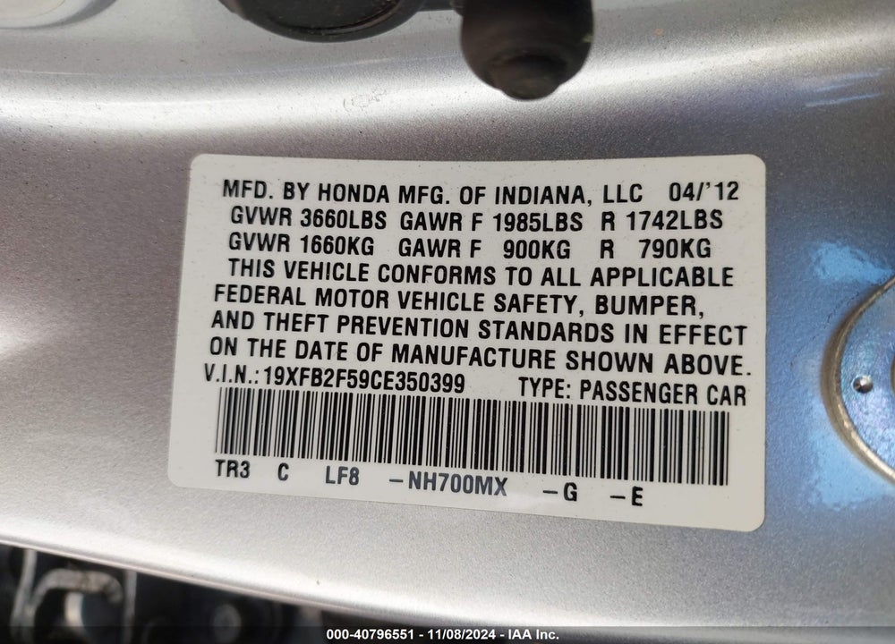 2012 HONDA CIVIC LX VIN: 19XFB2F59CE350399