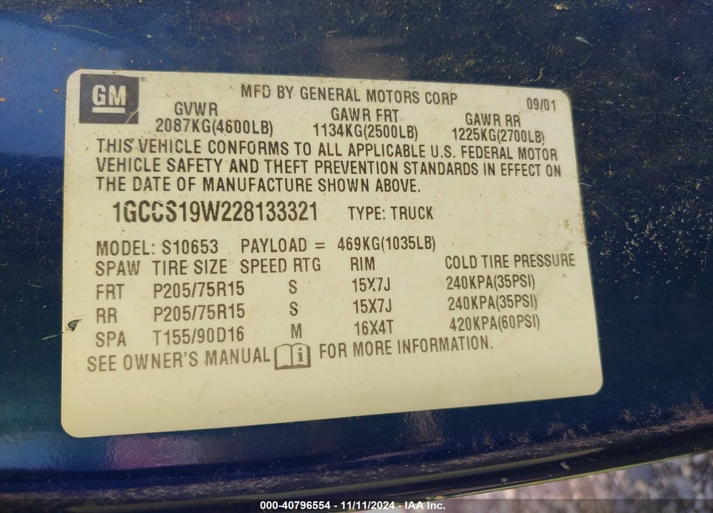 2002 CHEVROLET S-10 LS VIN: 1GCCS19W228133321