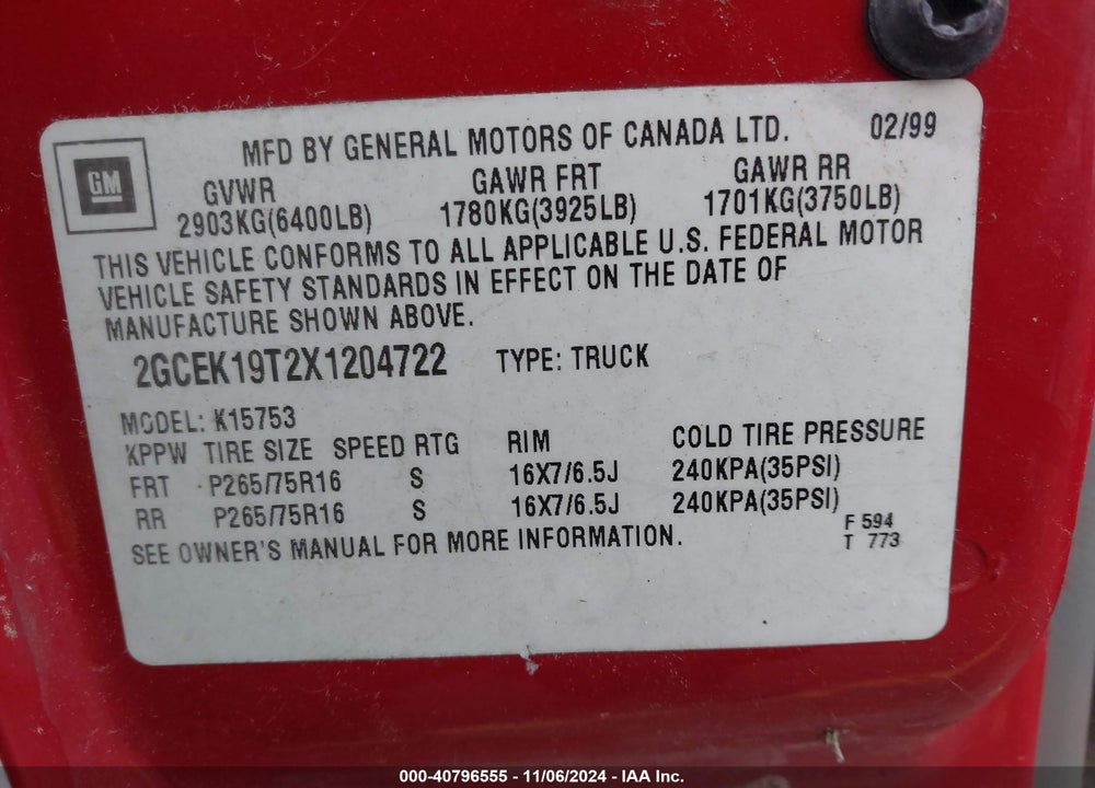 1999 CHEVROLET SILVERADO 1500 LT VIN: 2GCEK19T2X1204722