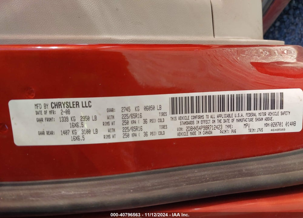 2008 DODGE GRAND CARAVAN SXT VIN: 2D8HN54P98R712423