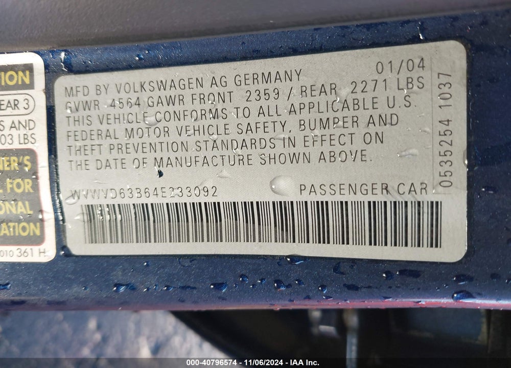 2004 VOLKSWAGEN PASSAT GLS VIN: WVWVD63B64E233092