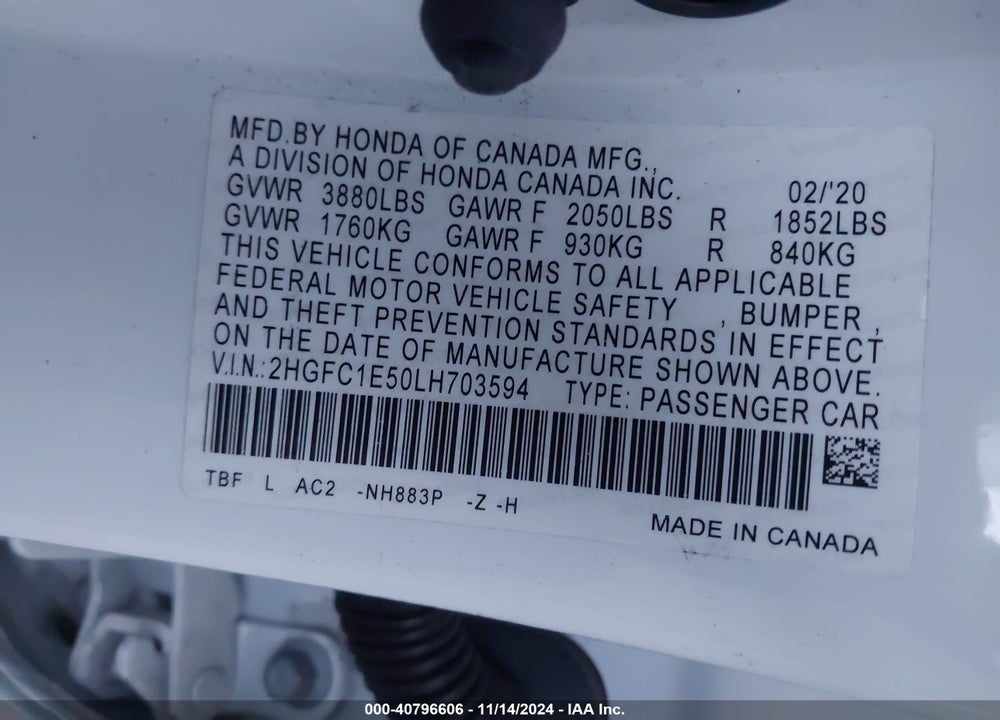2020 HONDA CIVIC SI SEDAN VIN: 2HGFC1E50LH703594
