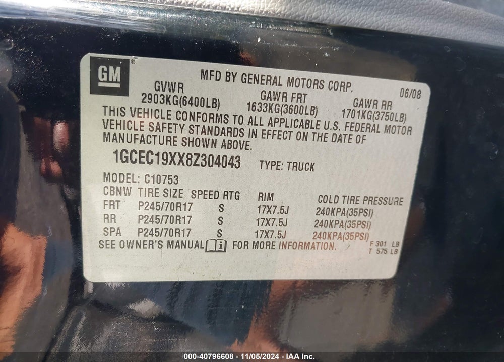2008 CHEVROLET SILVERADO 1500 WORK TRUCK VIN: 1GCEC19XX8Z304043