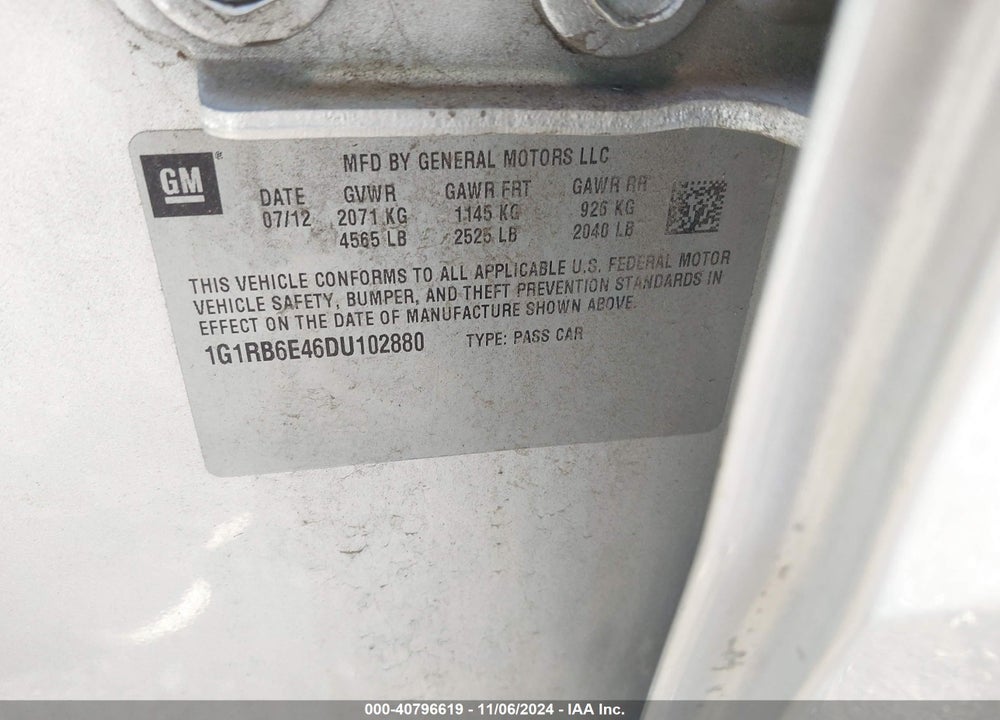 2013 CHEVROLET VOLT VIN: 1G1RB6E46DU102880