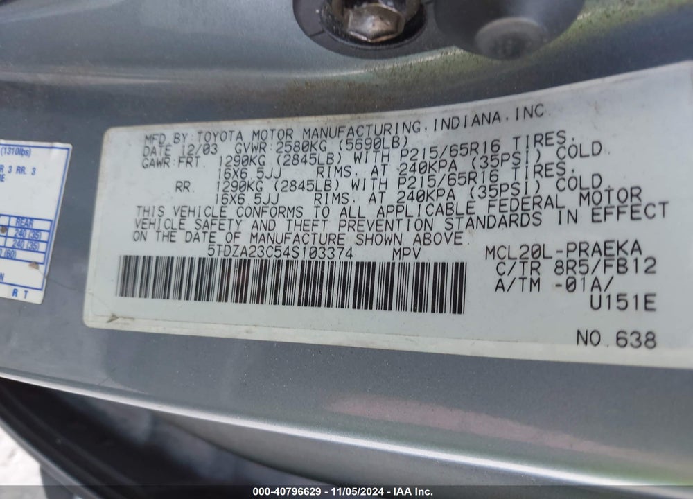 2004 TOYOTA SIENNA LE VIN: 5TDZA23C54S103374