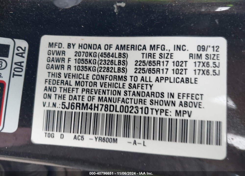 2013 HONDA CR-V VIN: 5J6RM4H78DL002310