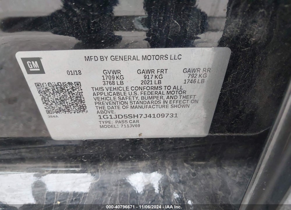 2018 CHEVROLET SONIC VIN: 1G1JD5SH7J4109731