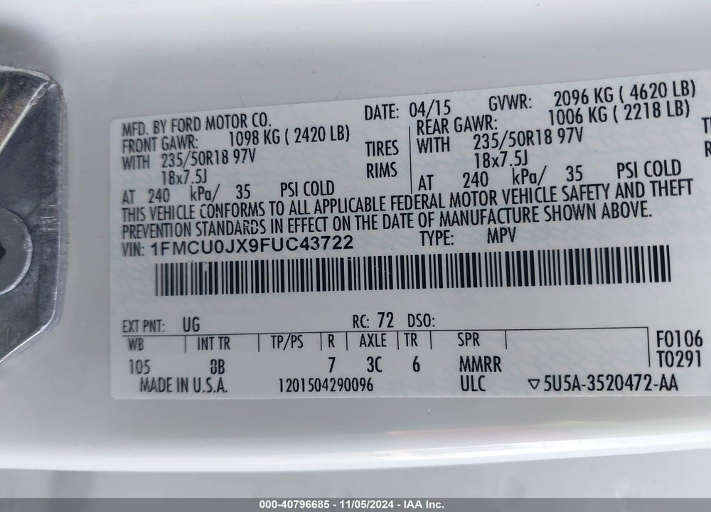 2015 FORD ESCAPE TITANIUM VIN: 1FMCU0JX9FUC43722