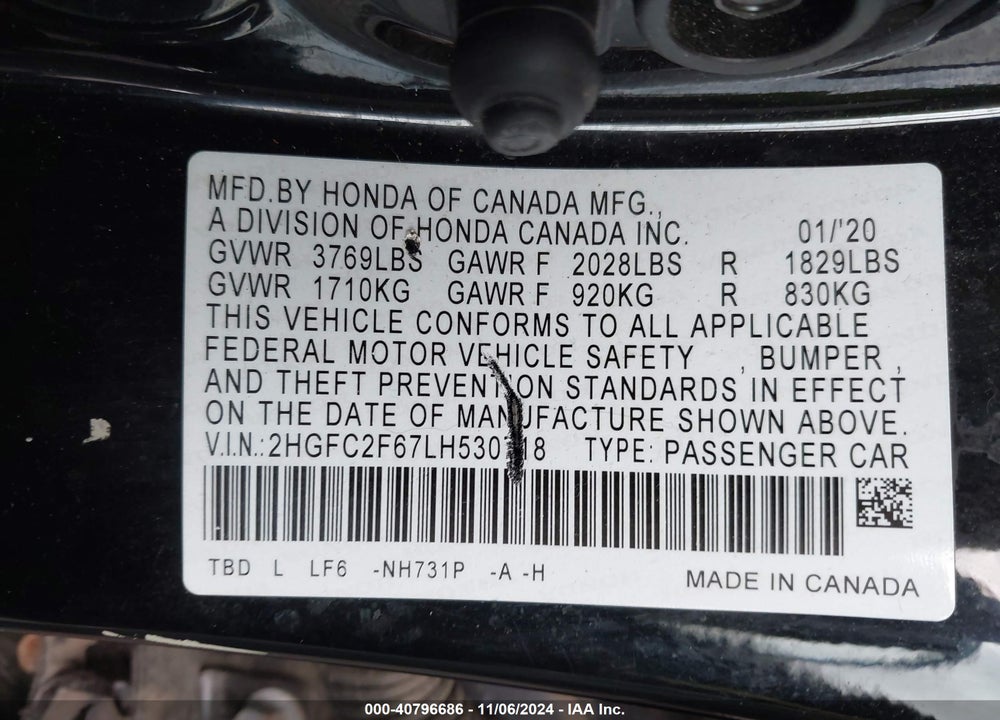 2020 HONDA CIVIC LX VIN: 2HGFC2F67LH530718