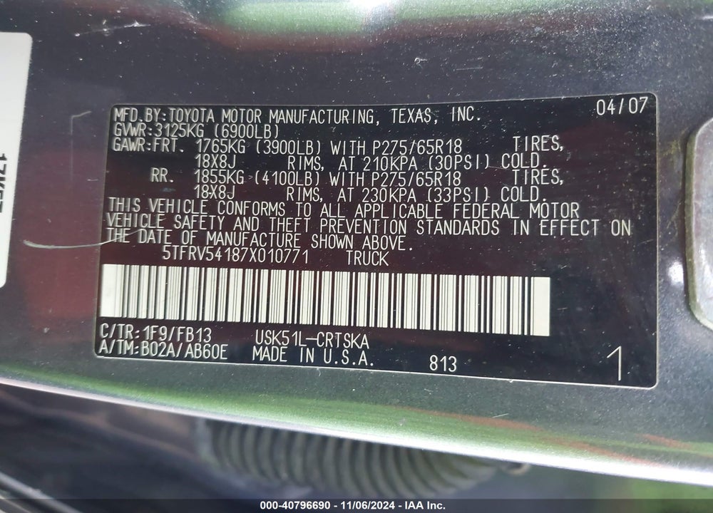 2007 TOYOTA TUNDRA SR5 V8 VIN: 5TFRV54187X010771