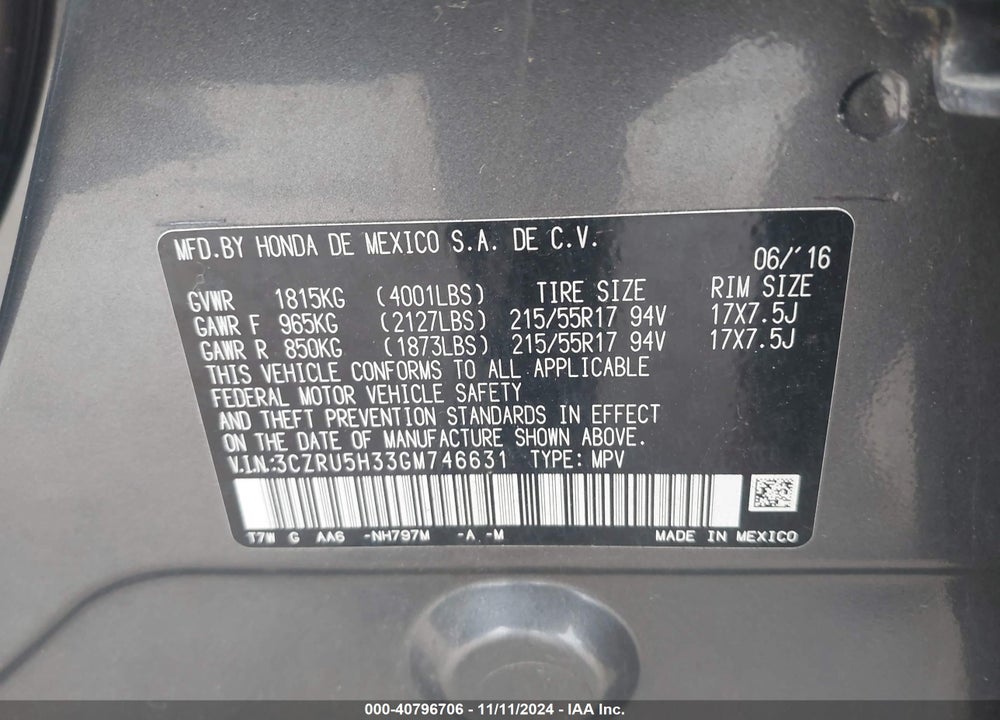 2016 HONDA HR-V LX VIN: 3CZRU5H33GM746631