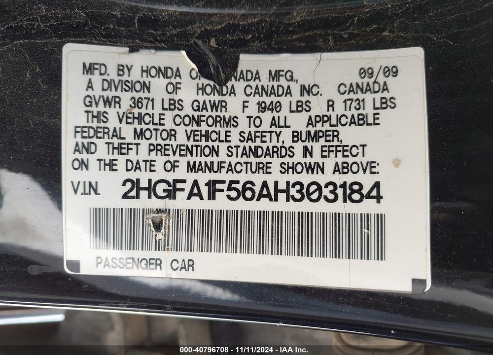 2010 HONDA CIVIC LX VIN: 2HGFA1F56AH303184