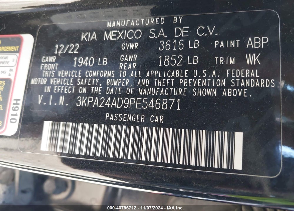 2023 KIA RIO S VIN: 3KPA24AD9PE546871