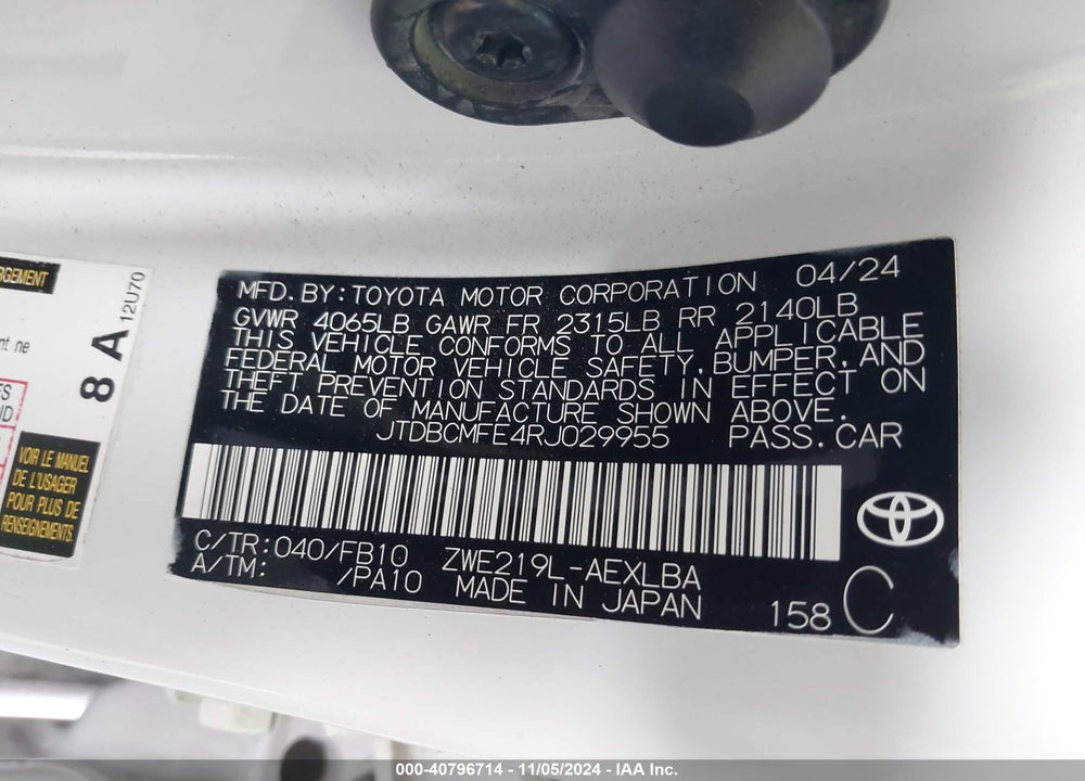 2024 TOYOTA COROLLA HYBRID LE VIN: JTDBCMFE4RJ029955