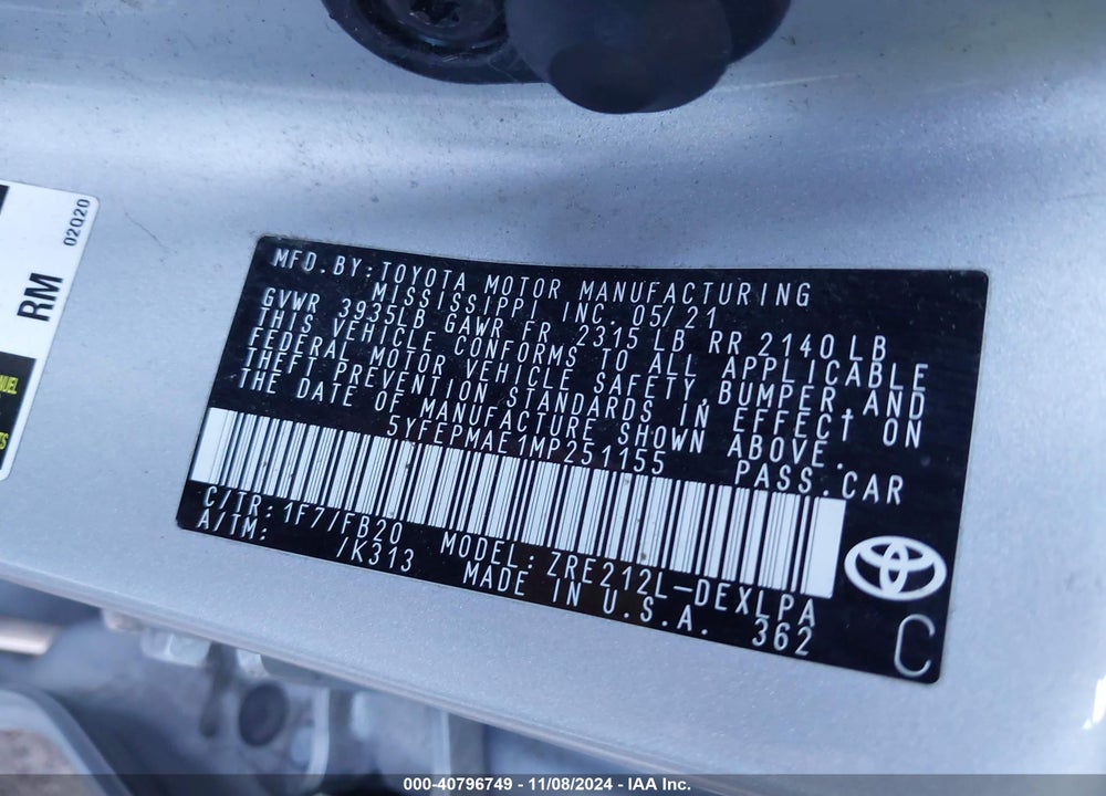 2021 TOYOTA COROLLA LE VIN: 5YFEPMAE1MP251155