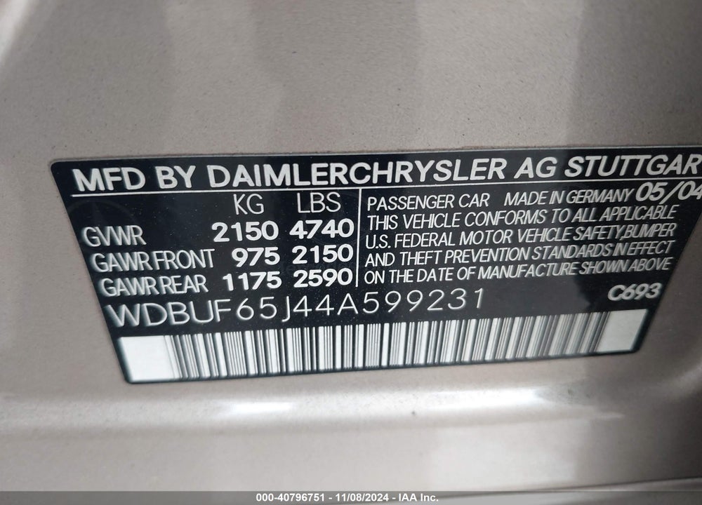2004 MERCEDES-BENZ E 320 VIN: WDBUF65J44A599231