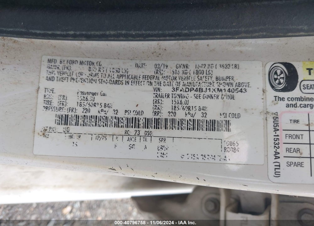 2019 FORD FIESTA SE VIN: 3FADP4BJ1KM140543