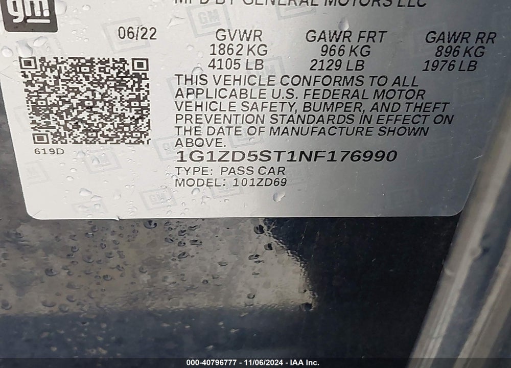 2022 CHEVROLET MALIBU FWD LT VIN: 1G1ZD5ST1NF176990