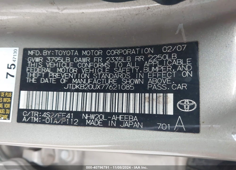 2007 TOYOTA PRIUS VIN: JTDKB20UX77621085
