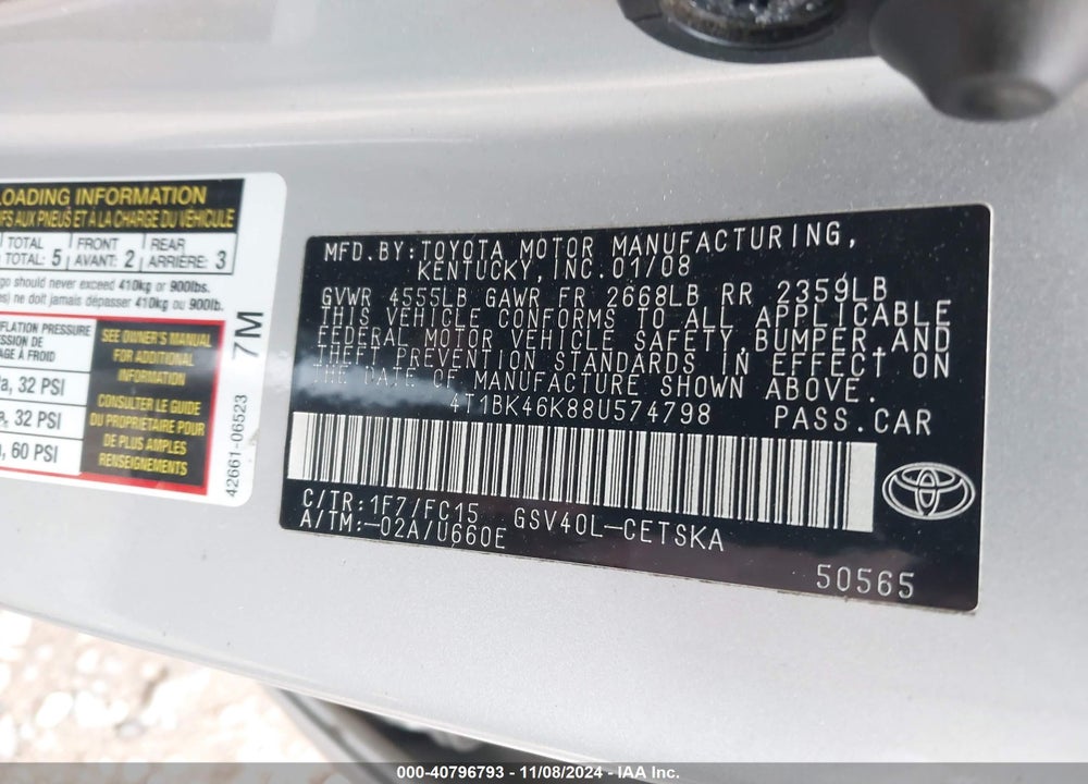 2008 TOYOTA CAMRY SE V6 VIN: 4T1BK46K88U574798