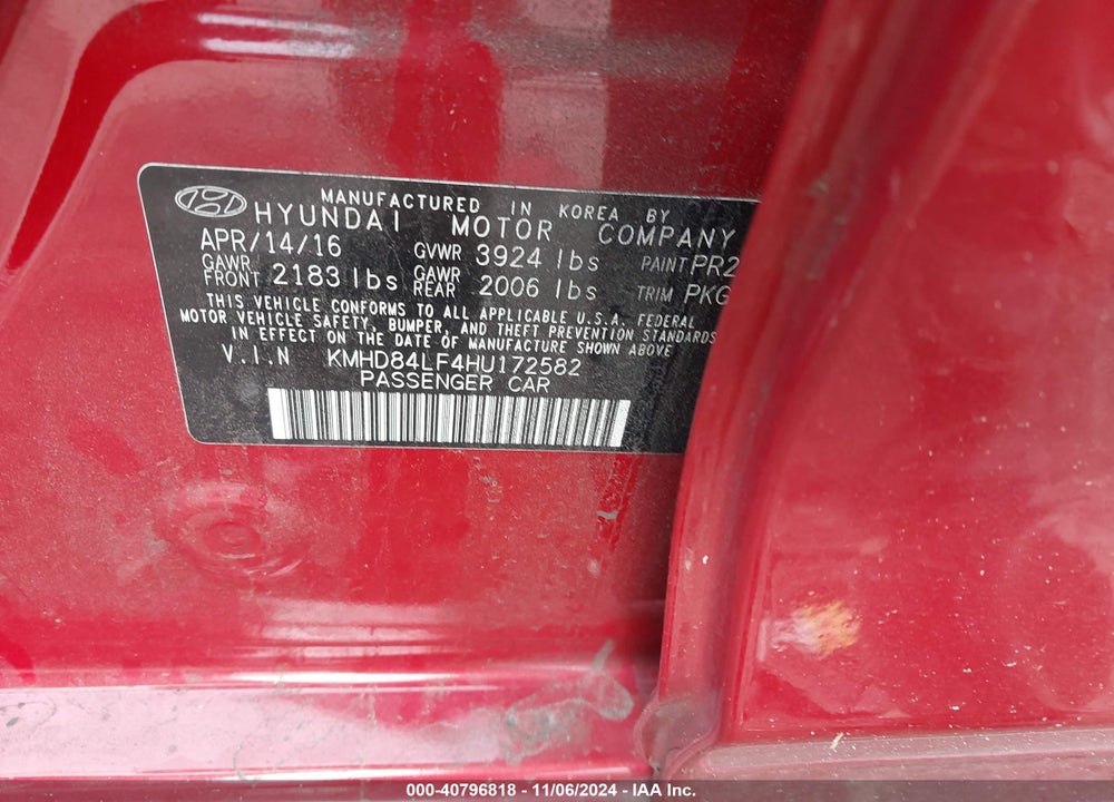 2017 HYUNDAI ELANTRA SE VIN: KMHD84LF4HU172582