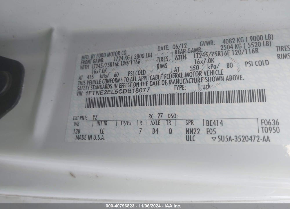 2012 FORD E-250 COMMERCIAL VIN: 1FTNE2EL5CDB18077