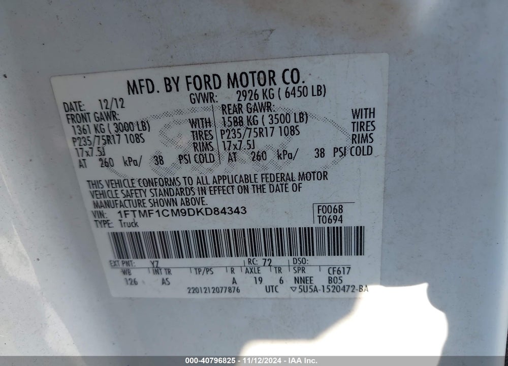 2013 FORD F-150 XL VIN: 1FTMF1CM9DKD84343