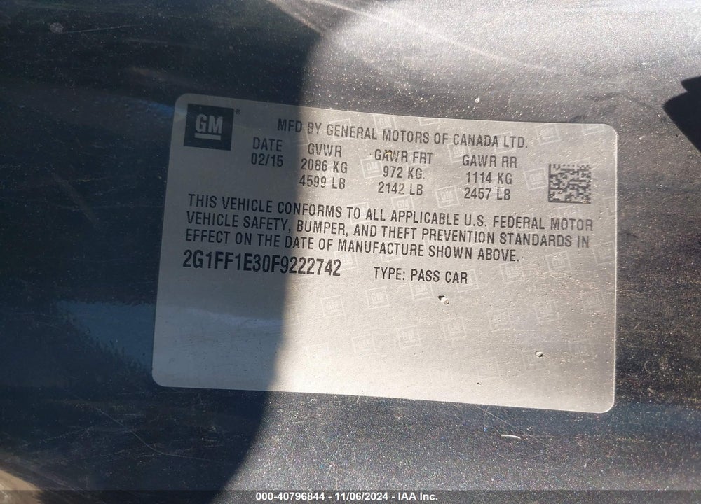 2015 CHEVROLET CAMARO VIN: 2G1FF1E30F9222742