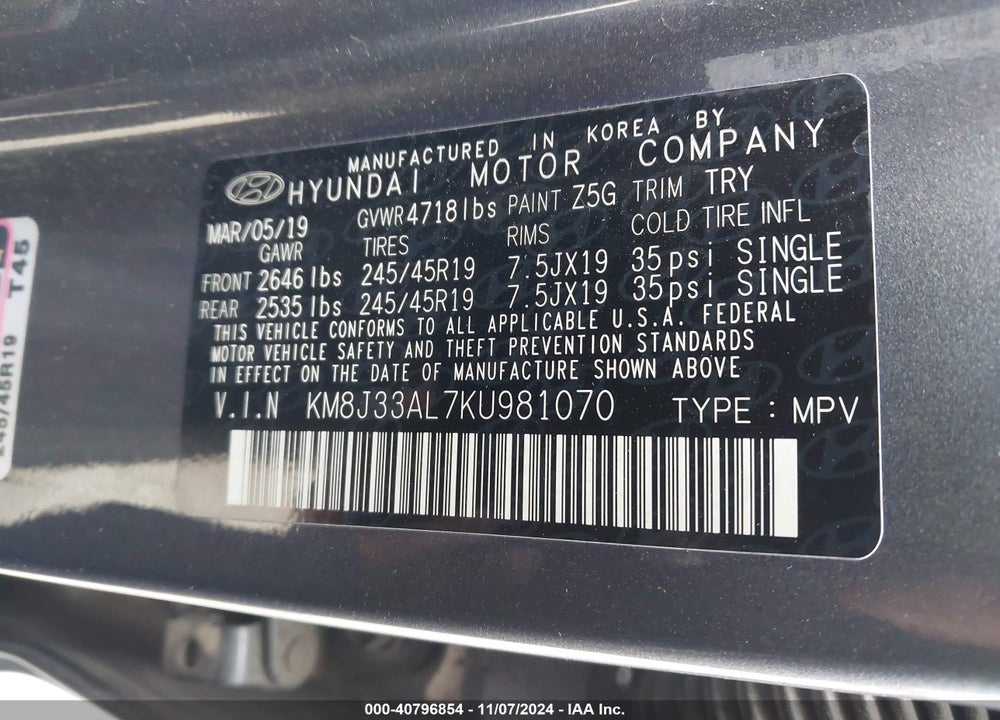 2019 HYUNDAI TUCSON SPORT VIN: KM8J33AL7KU981070