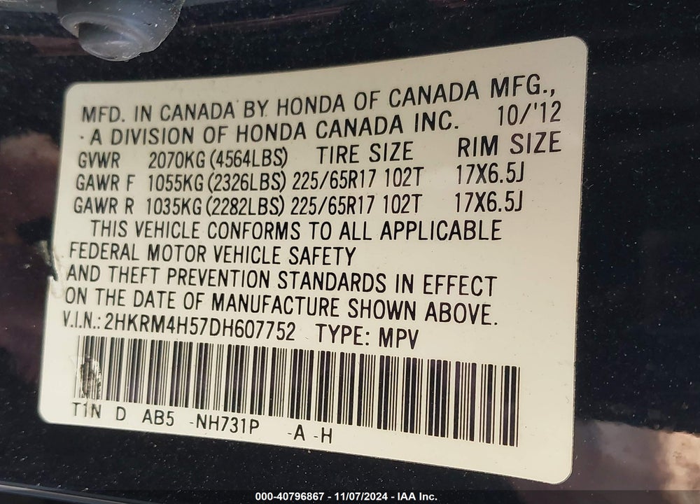 2013 HONDA CR-V EX VIN: 2HKRM4H57DH607752