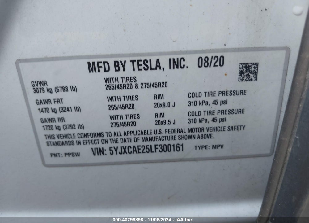 2020 TESLA MODEL X LONG RANGE DUAL MOTOR ALL-WHEEL DRIVE/LONG RANGE PLUS DUAL MOTOR ALL-WHEEL DRIVE VIN: 5YJXCAE25LF300161