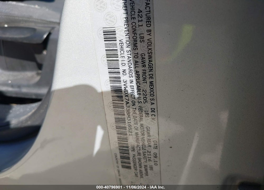 2011 VOLKSWAGEN JETTA 2.5L SE VIN: 3VWDX7AJ3BM316521