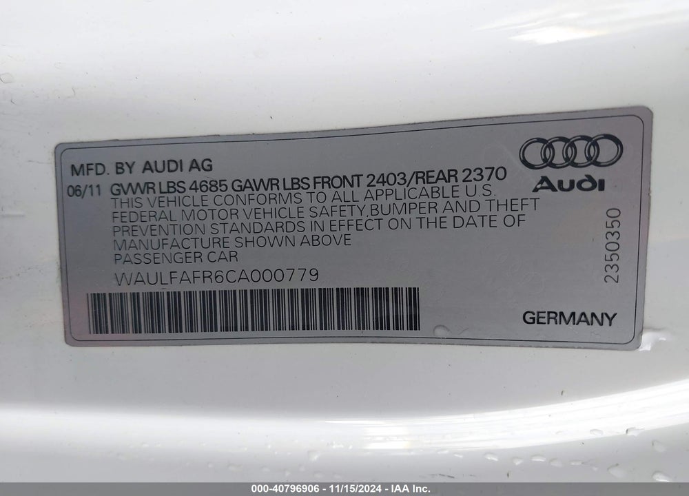 2012 AUDI A5 2.0T PREMIUM VIN: WAULFAFR6CA000779