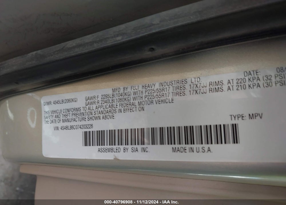 2007 SUBARU OUTBACK VIN: 4S4BL86C074203226