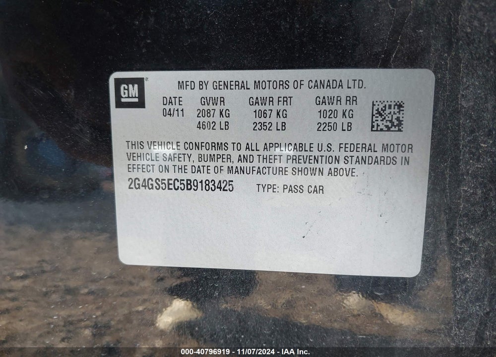 2011 BUICK REGAL VIN: 2G4GS5EC5B9183425