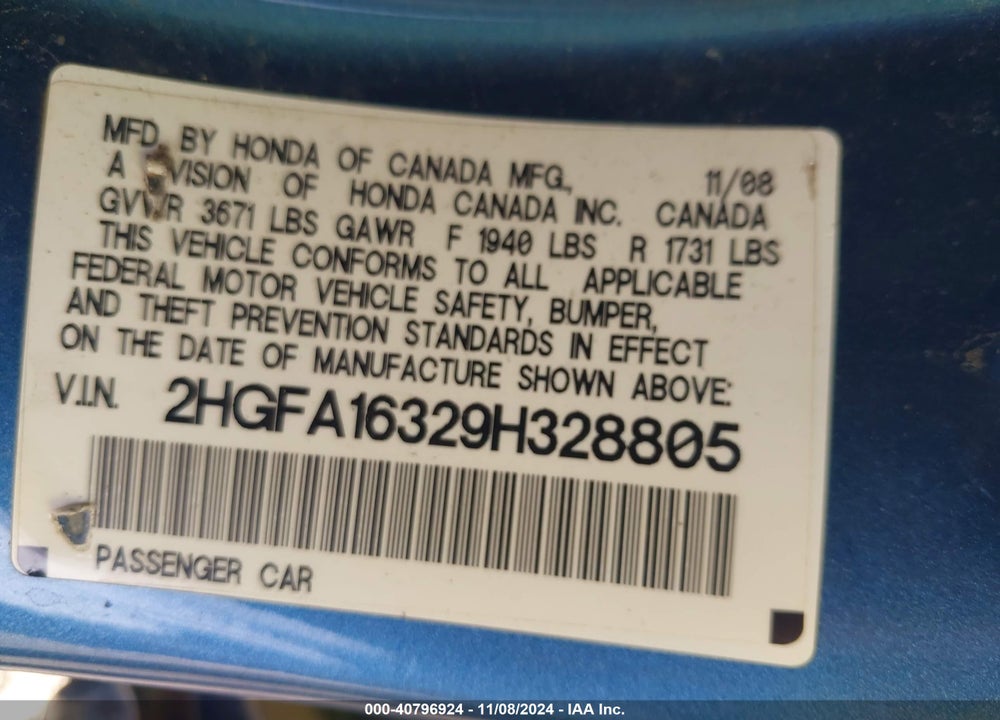 2009 HONDA CIVIC VP VIN: 2HGFA16329H328805