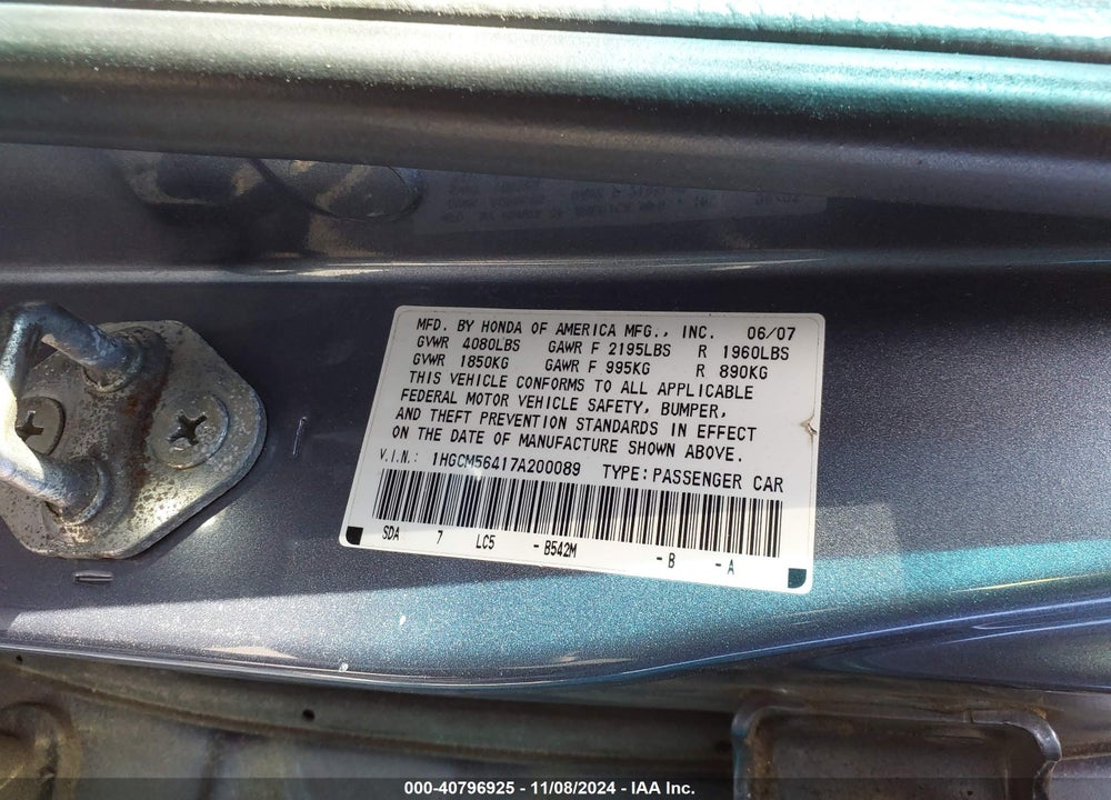 2007 HONDA ACCORD 2.4 LX VIN: 1HGCM56417A200089