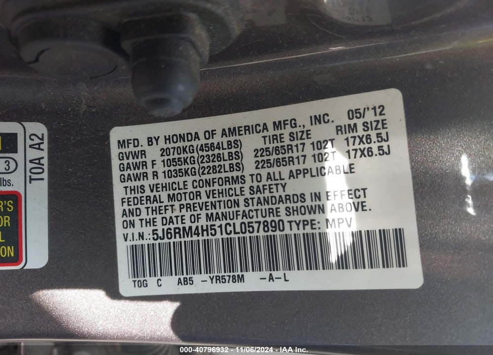 2012 HONDA CR-V VIN: 5J6RM4H51CL057890