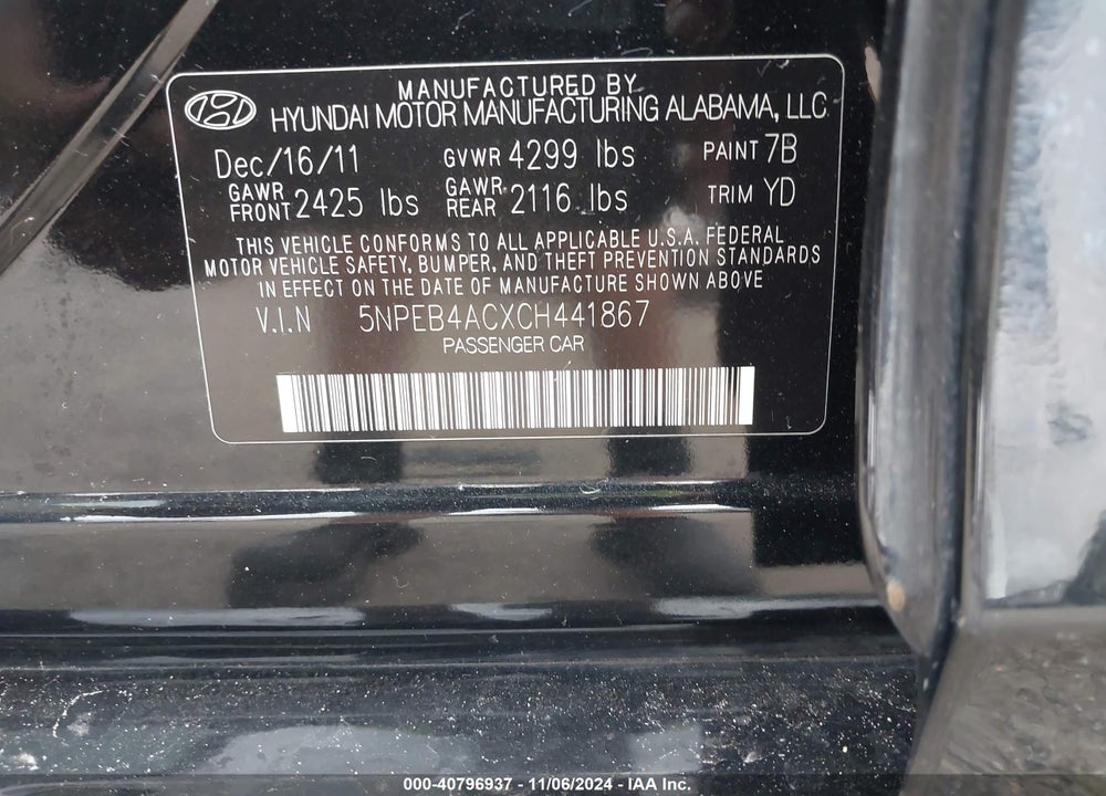 2012 HYUNDAI SONATA VIN: 5NPEB4ACXCH441867