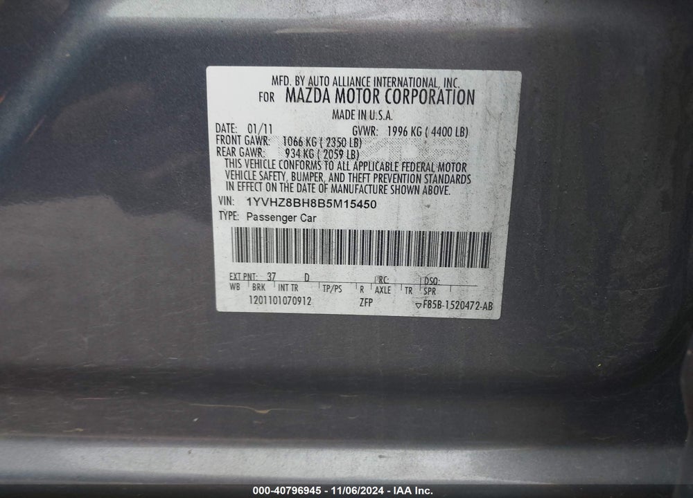 2011 MAZDA 6 I SPORT VIN: 1YVHZ8BH8B5M15450