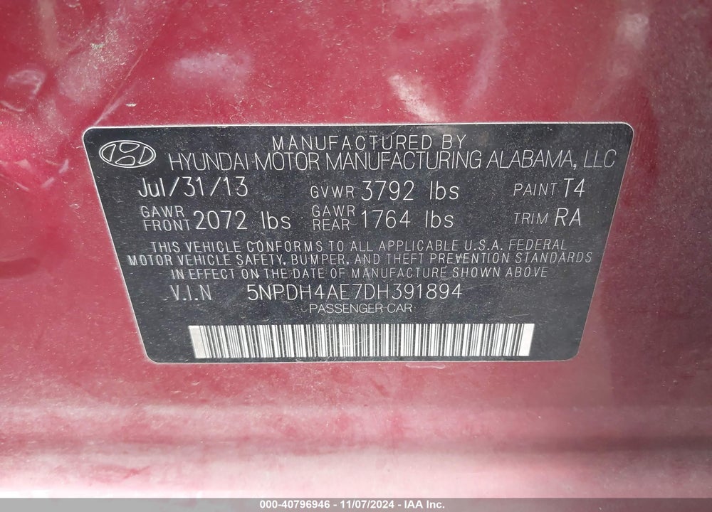 2013 HYUNDAI ELANTRA GLS VIN: 5NPDH4AE7DH391894