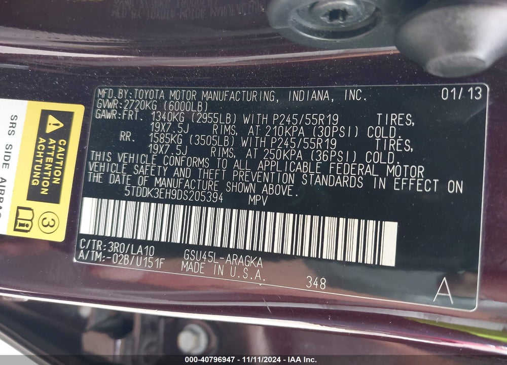 2013 TOYOTA HIGHLANDER LIMITED V6 VIN: 5TDDK3EH9DS205394