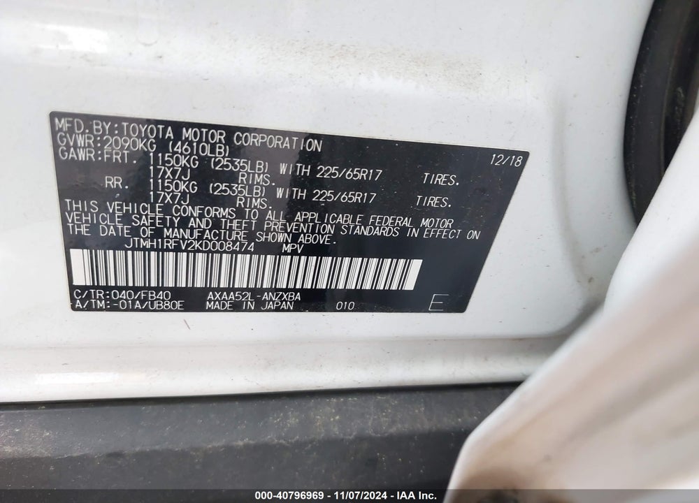 2019 TOYOTA RAV4 VIN: JTMH1RFV2KD008474