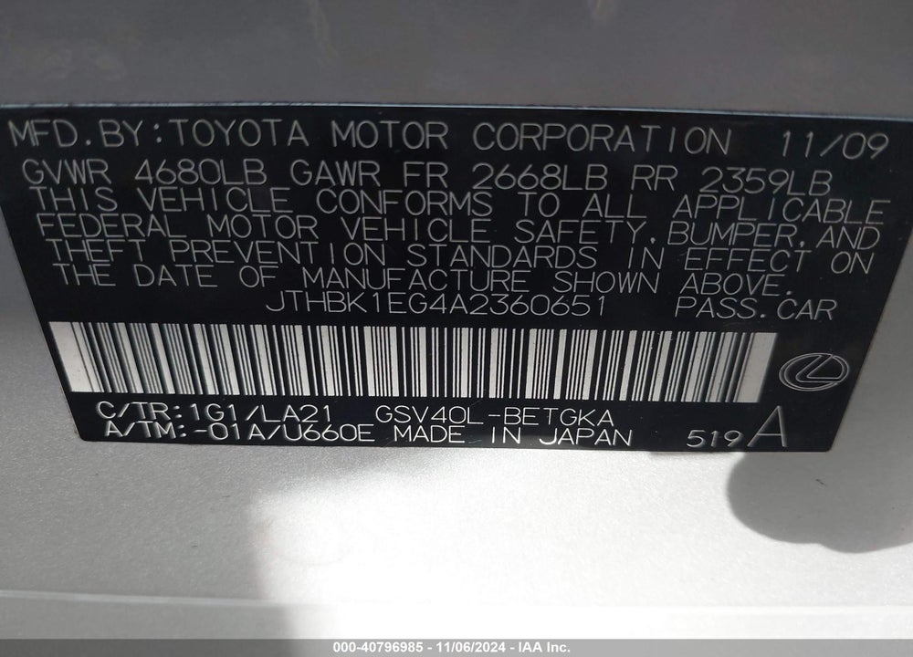 2010 LEXUS ES 350 VIN: JTHBK1EG4A2360651
