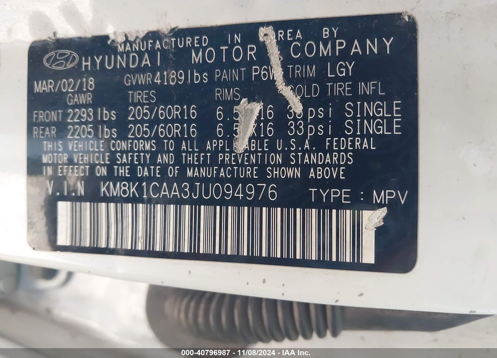 2018 HYUNDAI KONA SE VIN: KM8K1CAA3JU094976