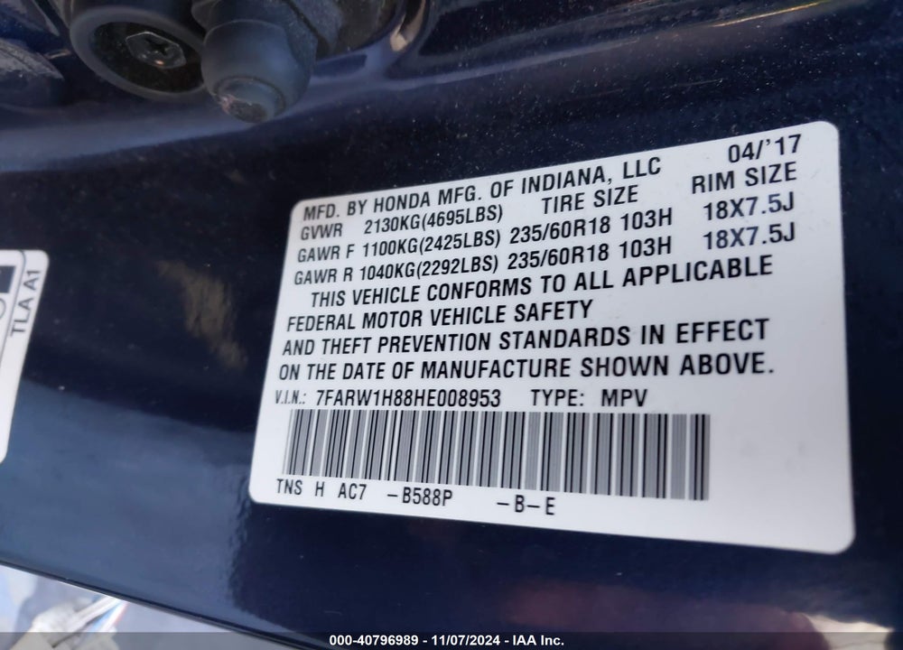 2017 HONDA CR-V EX-L/EX-L NAVI VIN: 7FARW1H88HE008953