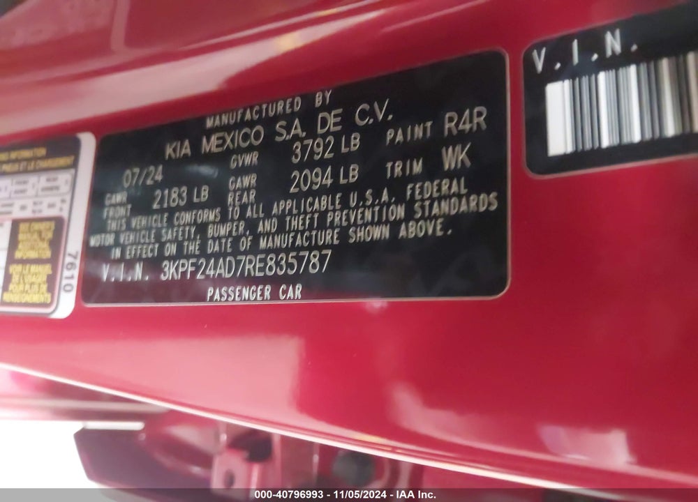 2024 KIA FORTE LXS VIN: 3KPF24AD7RE835787