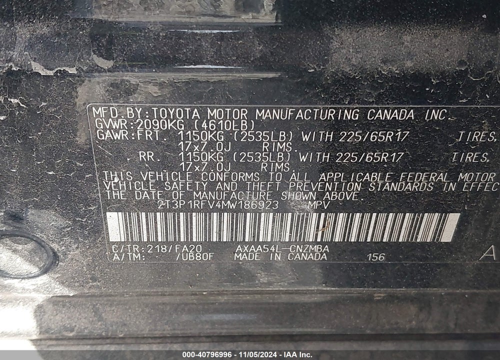 2021 TOYOTA RAV4 XLE VIN: 2T3P1RFV4MW186923